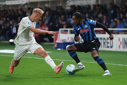Lookman controls the ball under pressure from Gustav Isaksen. (Photo | Getty Images)